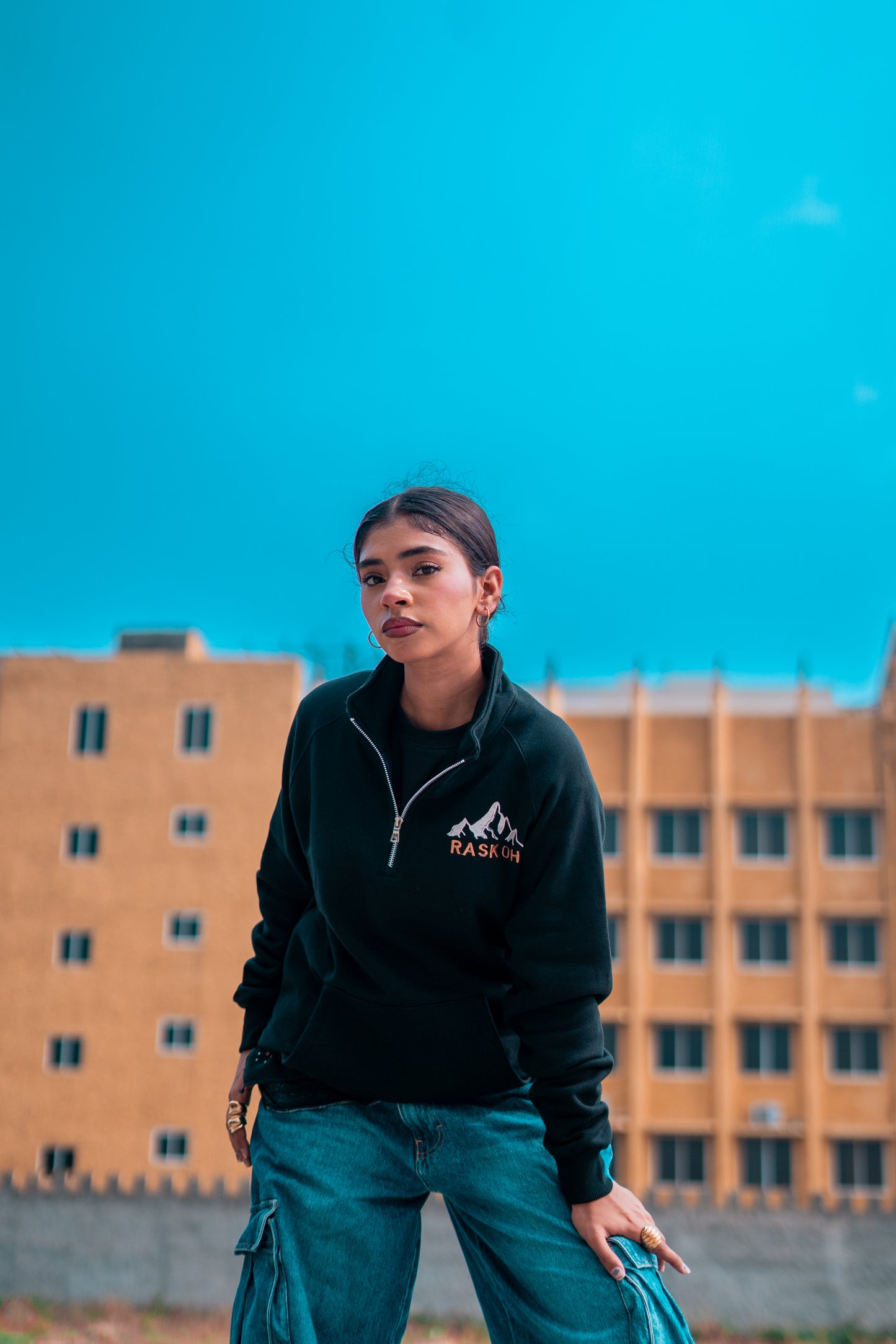 Mock Neck Quarter Zip Sweatshirt.