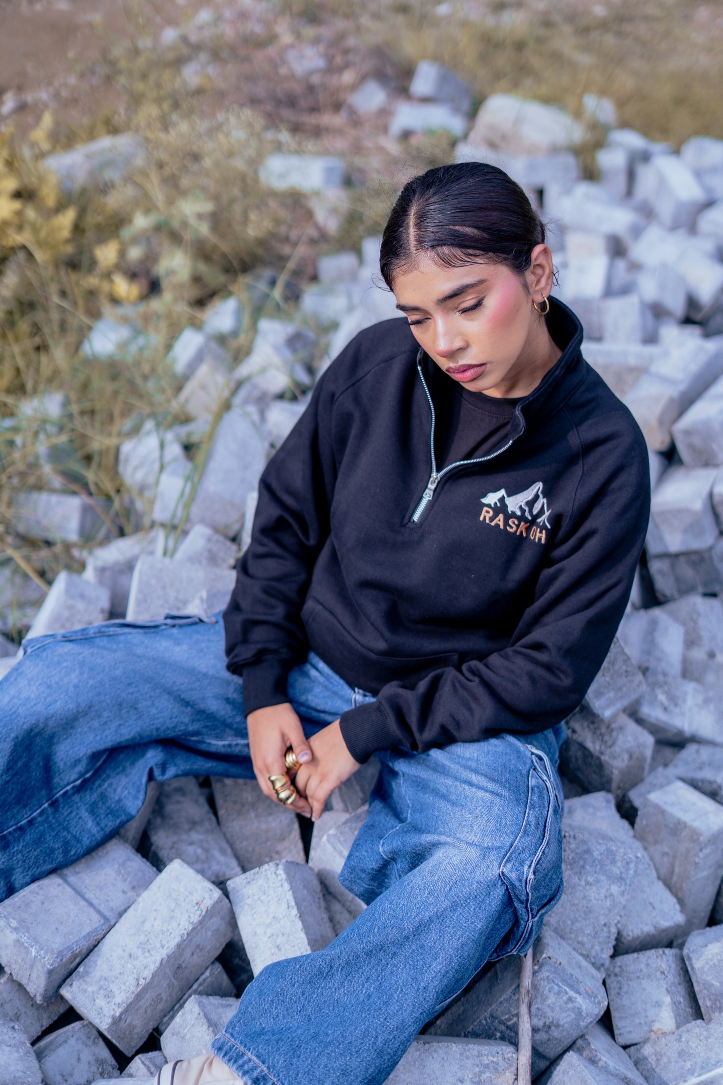 Mock Neck Quarter Zip Sweatshirt.