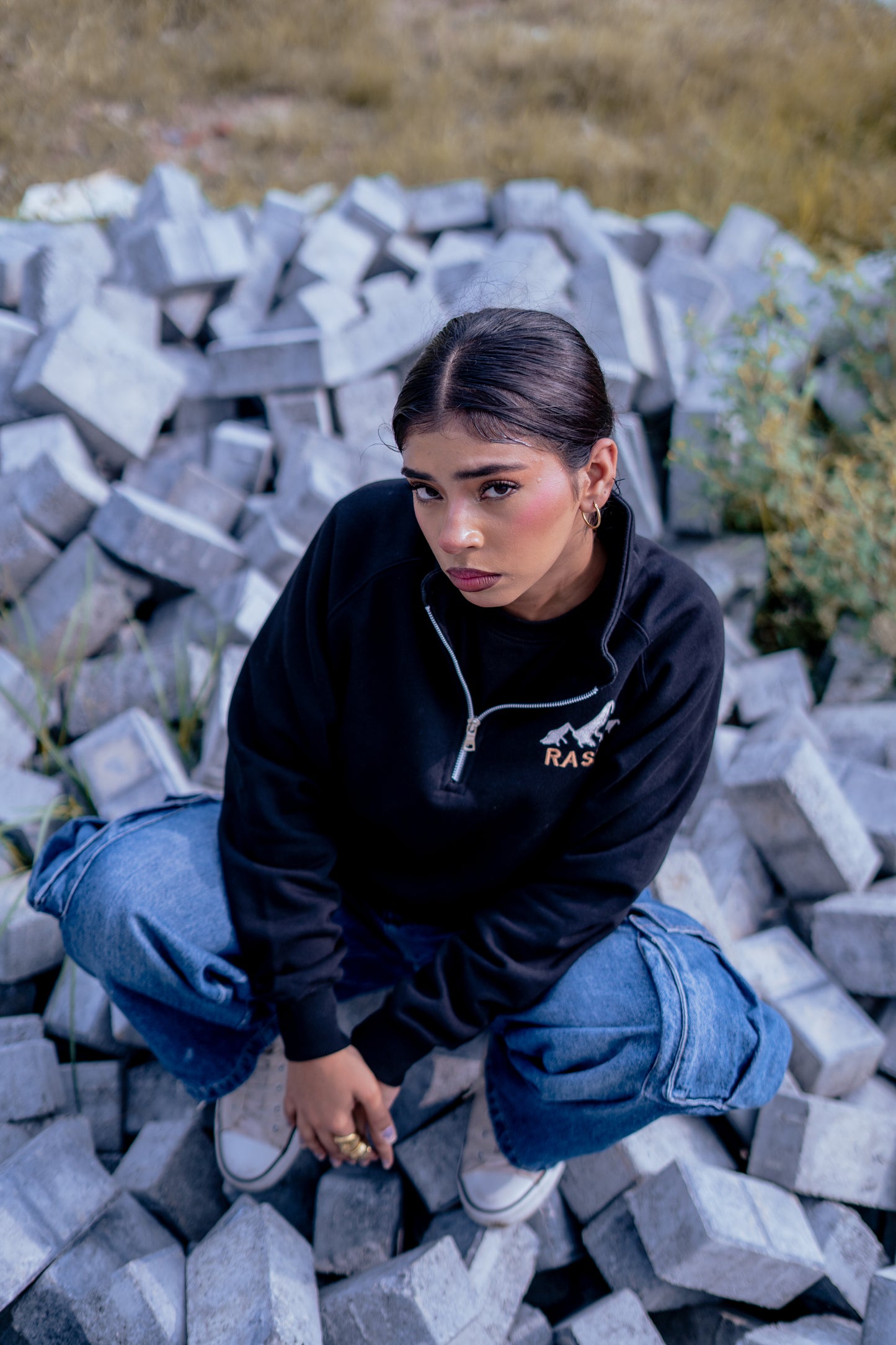 Mock Neck Quarter Zip Sweatshirt.
