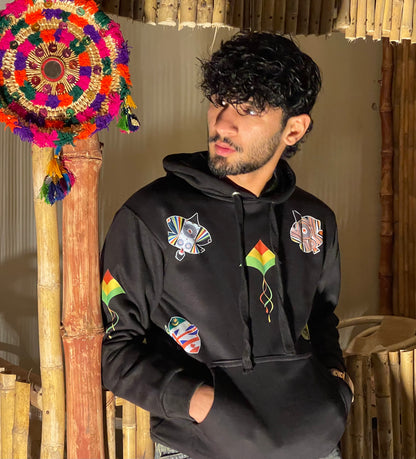 Black & White Kite Printed Hoodie – Premium Cotton Fleece | RASKOH