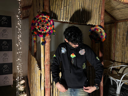 Black & White Kite Printed Hoodie – Premium Cotton Fleece | RASKOH