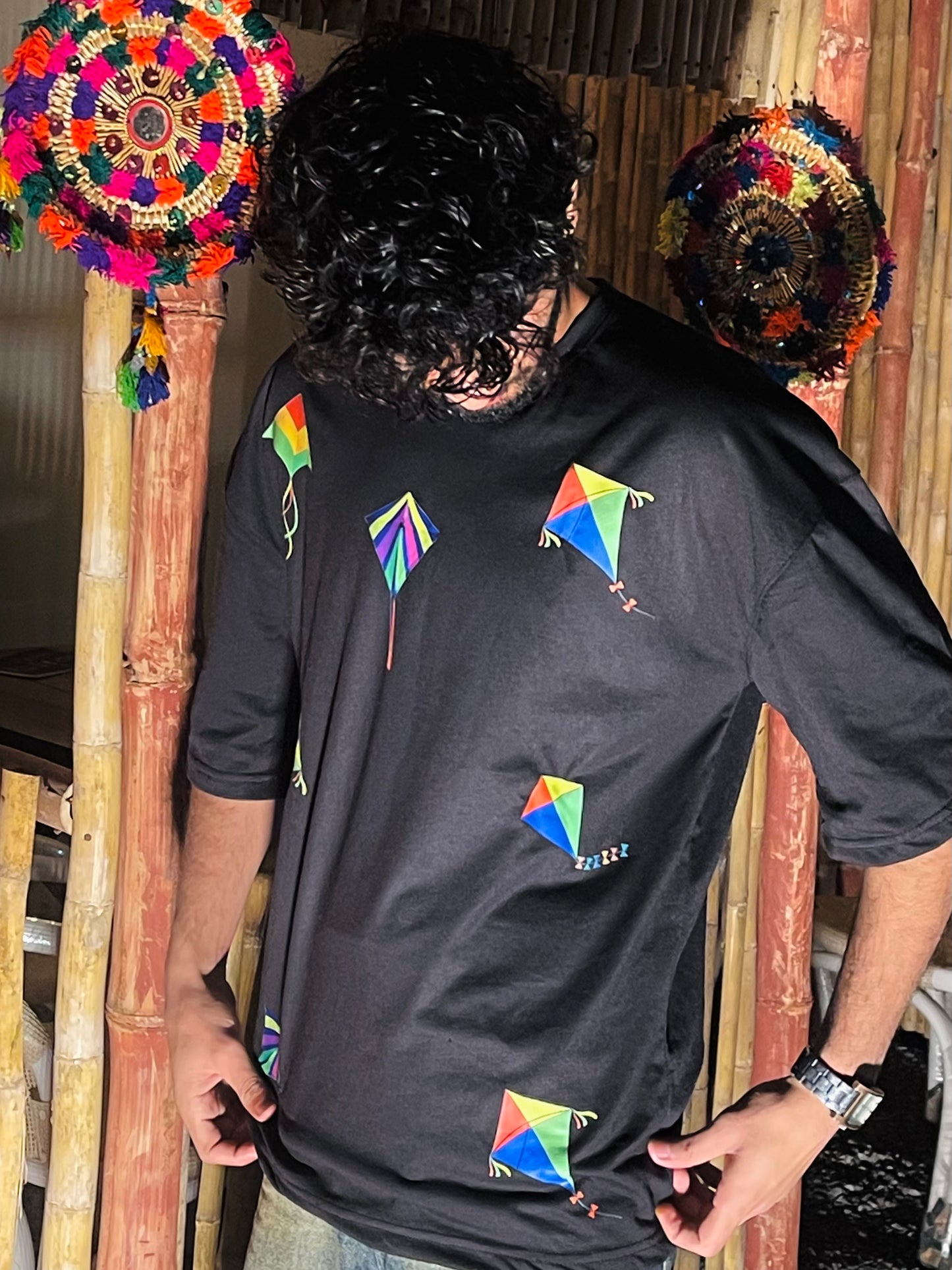 Kite Print Black & White Cotton T-Shirt