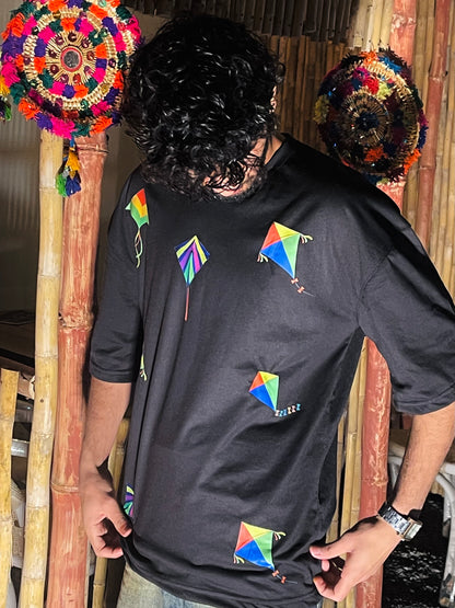 Kite Print Black & White Cotton T-Shirt