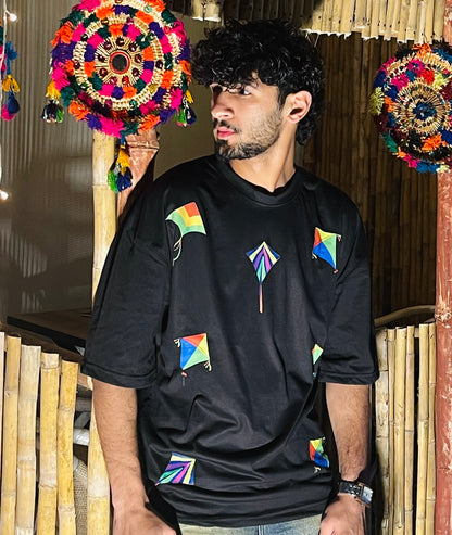 Kite Print Black & White Cotton T-Shirt